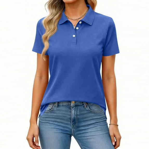 Womens Polo Shirts Short Sleeve Button Lapel Collared Summer Tops Business Casual Basic Tees Blue L