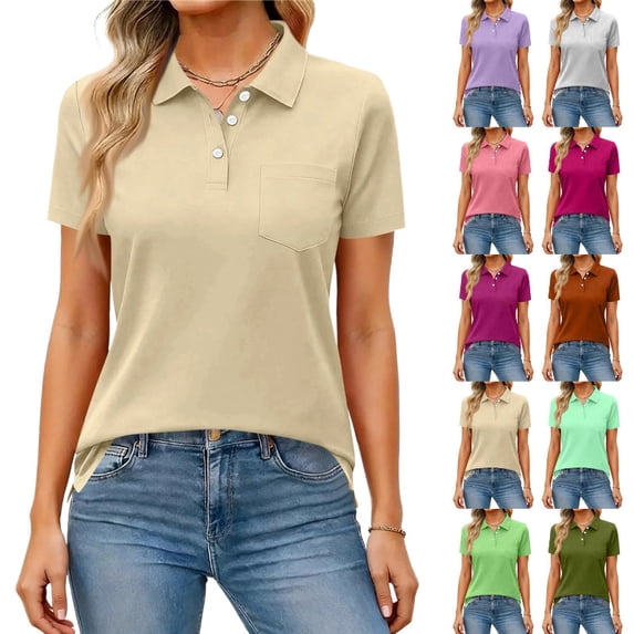 Womens Polo Shirts Short Sleeve Button Lapel Collared Summer Tops Business Casual Basic Tees,Khaki S