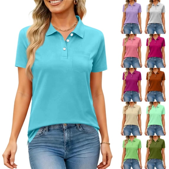 Womens Polo Shirts Short Sleeve Button Lapel Collared Summer Tops Business Casual Basic Tees,Light Blue M