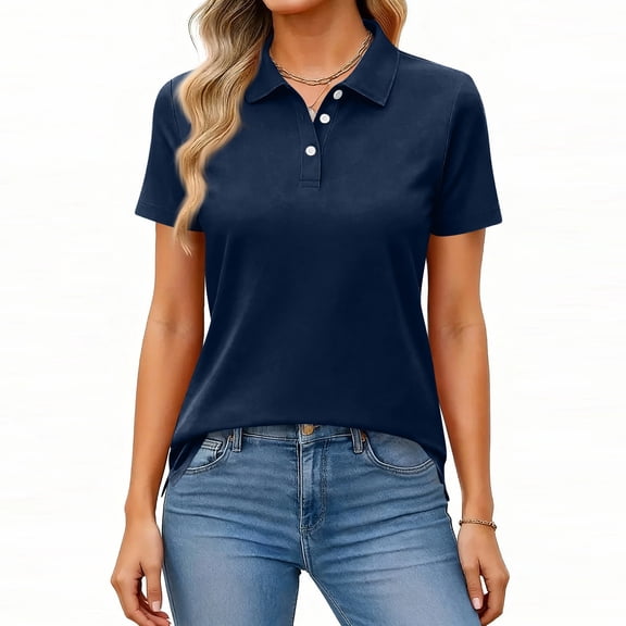 Womens Polo Shirts Short Sleeve Button Lapel Collared Summer Tops Business Casual Basic Tees Navy 2XL
