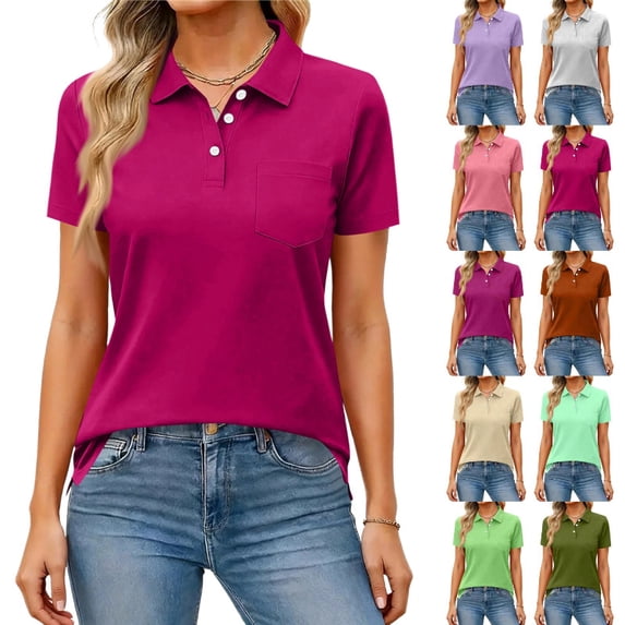 Womens Polo Shirts Short Sleeve Button Lapel Collared Summer Tops Business Casual Basic Tees,Purple XL