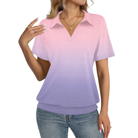 Womens Polo Shirts Short Sleeve Gradient Color Tops Business Casual Tops Collared V Neck Dressy Blouses Pink S