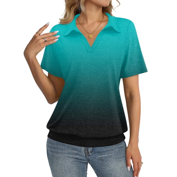 Womens Polo Shirts Short Sleeve Gradient Color Tops Business Casual Tops Collared V Neck Dressy Blouses Turquoise L
