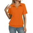 thumbnail image 1 of Womens Polo Shirts Short Sleeve Solid Color Tops Business Casual Tops Collared V Neck Dressy Blouses Saffron S, 1 of 4