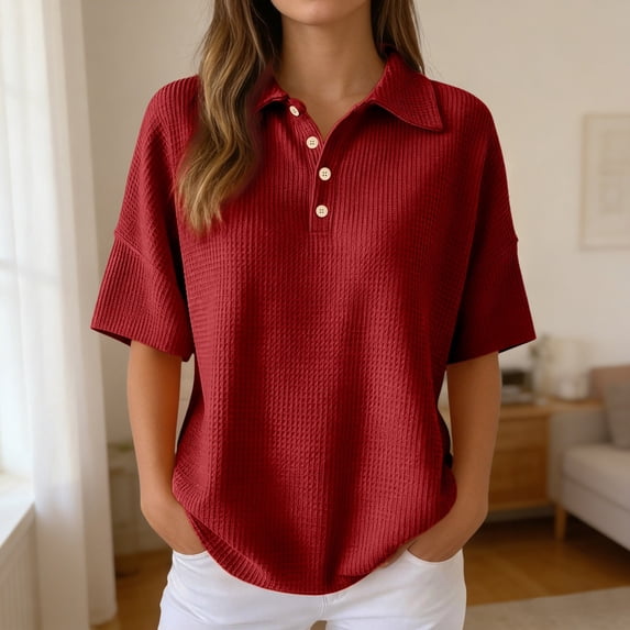 Womens Polo Shirts Short Sleeve Solid Waffle Knit Polo Shirt Casual Collar Button Front Top Red XXL