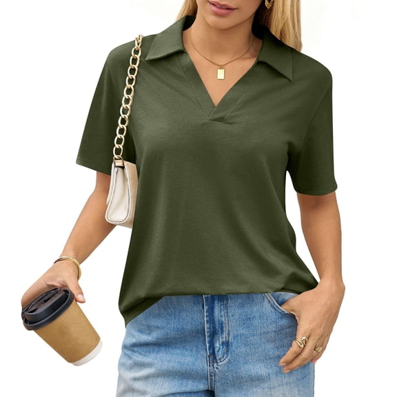 Womens Polo Shirts Short Sleeve V Neck Collared Golf Tops Summer Casual Business Office Work Blouses Army Green XL