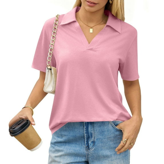 Womens Polo Shirts Short Sleeve V Neck Collared Golf Tops Summer Casual Business Office Work Blouses Pink 2XL
