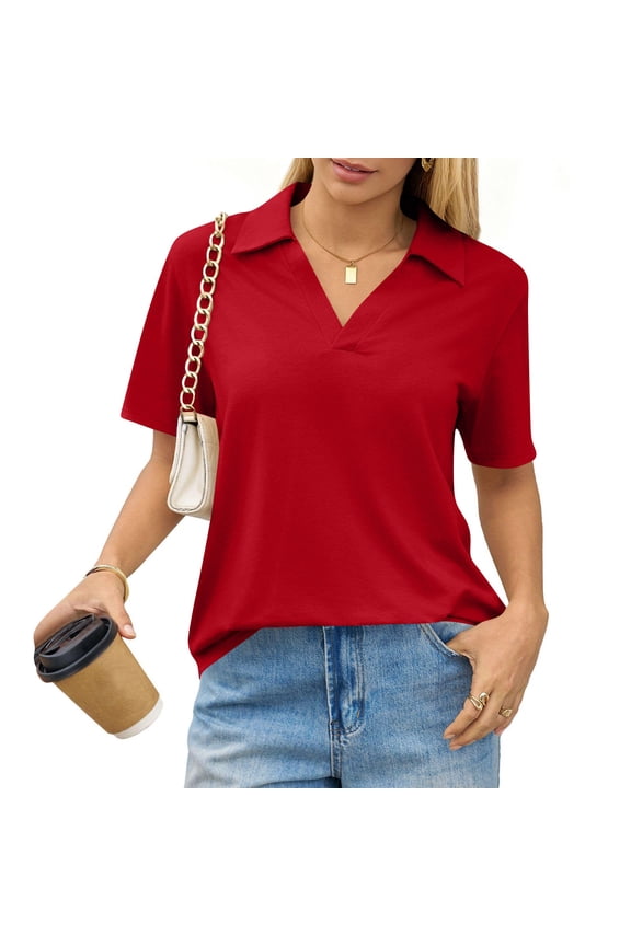 Womens Polo Shirts Short Sleeve V Neck Collared Golf Tops Summer Casual Business Office Work Blouses Red M