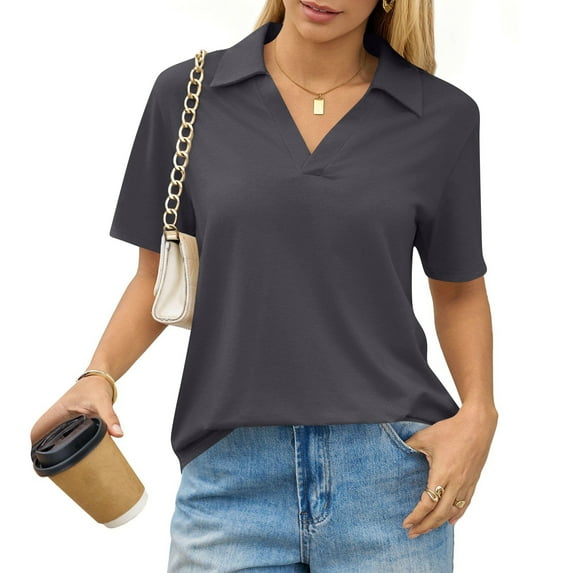 Womens Polo Shirts Short Sleeve V Neck Collared Tops Golf Tops Office Work Business Summer Casual Outfits Dark Gray XL