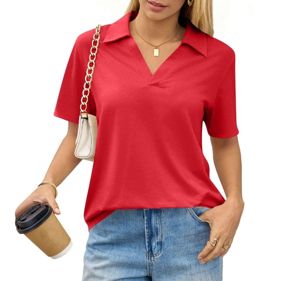 Womens Polo Shirts Short Sleeve V Neck Collared Tops Golf Tops Office Work Business Summer Casual Outfits Vermilion S