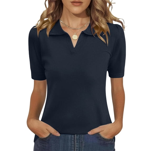 Womens Polo Shirts Short Sleeve V Neck Knitted Casual Office Tops Summer Pullover 2XL
