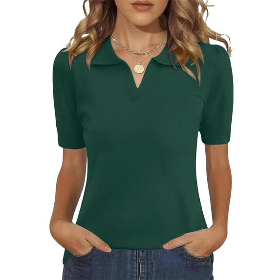 Womens Polo Shirts Short Sleeve V Neck Knitted Casual Office Tops Summer Pullover L