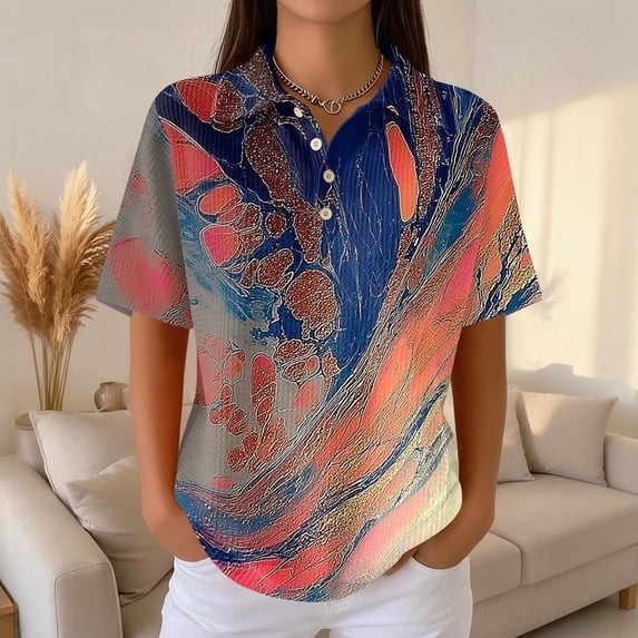 Womens Polo Shirts Summer Waffle Knit Retro Texture Gradient Print Golf Shirts for Women Button Collared Short Sleeve Going Out Blouse Gray XXL