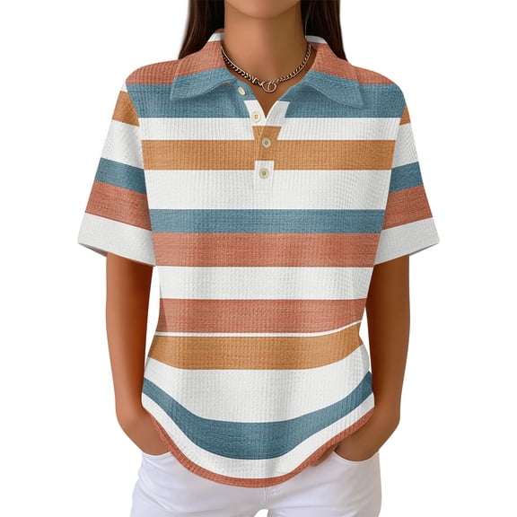 Womens Polo Shirts Waffle Short Sleeve Collared Button Down Business Casual Tops Summer Vintage Striped Office Work Blouse, S