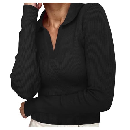 Womens Polo V Neck Long Sleeve Sweaters Ribbed Knit Sweater Lightweight Dressy Casual Business Basic Knit Pullover Top 2026 Fall Outfits(Black,L)