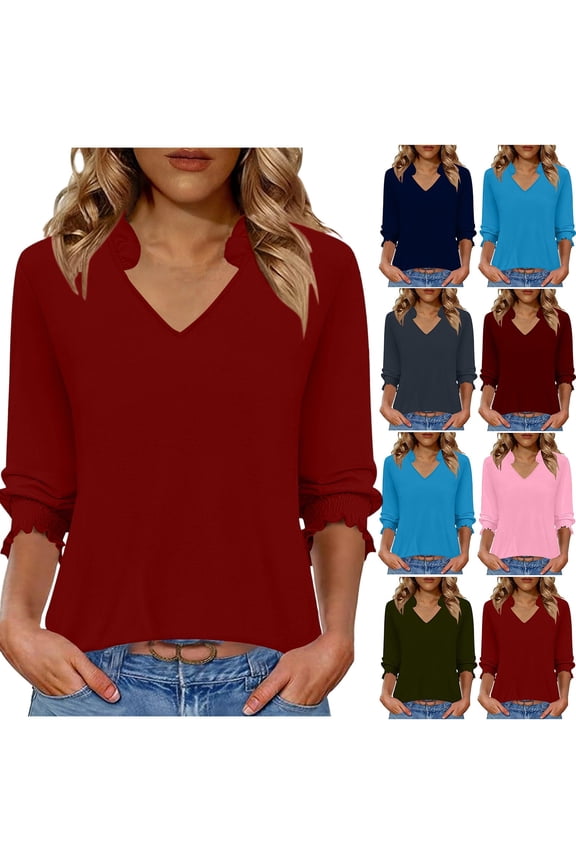 Womens Polyester Cotton Blend Short Sleeve Tops 3/4 Sleeve V-Neck A-Line Tops - Pleated Detail for Everyday Navy L