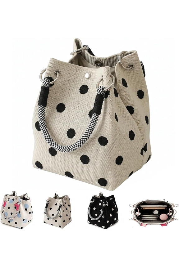 Womens Polyester Crochet Tote Handbag, Polka Dot Print Roomy Vintage Casual Purse for Daily Outings