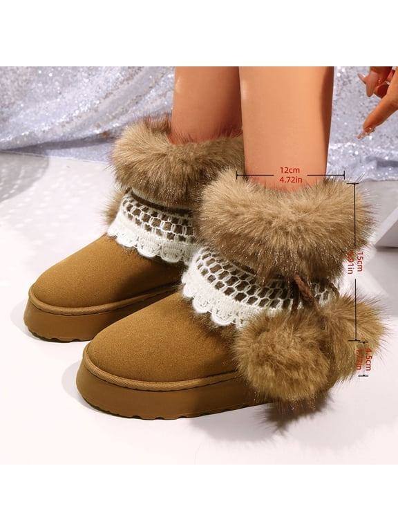 Womens Pom Pom Snow Boots Fashion Casual Versatile Round Toe Comfort Suede Warm Fur Ball Charm Mid Calf Elevated Sole Boots For Winter Snow Boots For Women