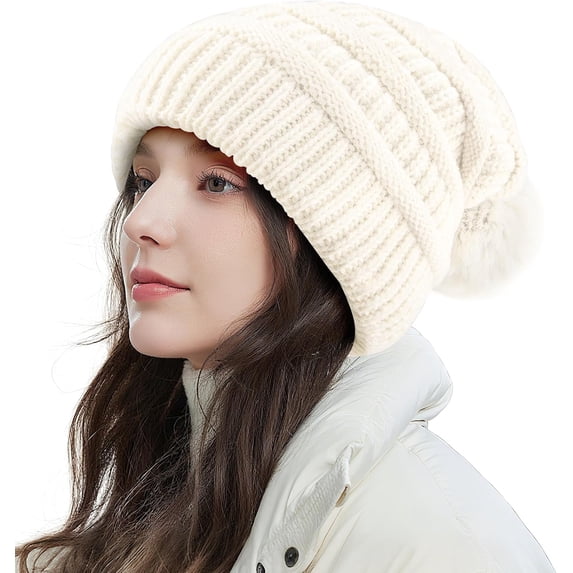 Womens Pompom Beanie Hat Knit Winter Hat with Warm Fleece Lined