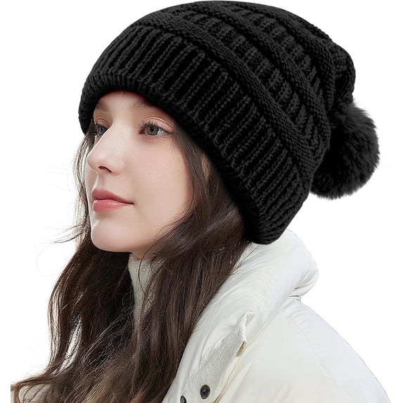 Womens Pompom Beanie Hat Knit Winter Hat with Warm Fleece Lined