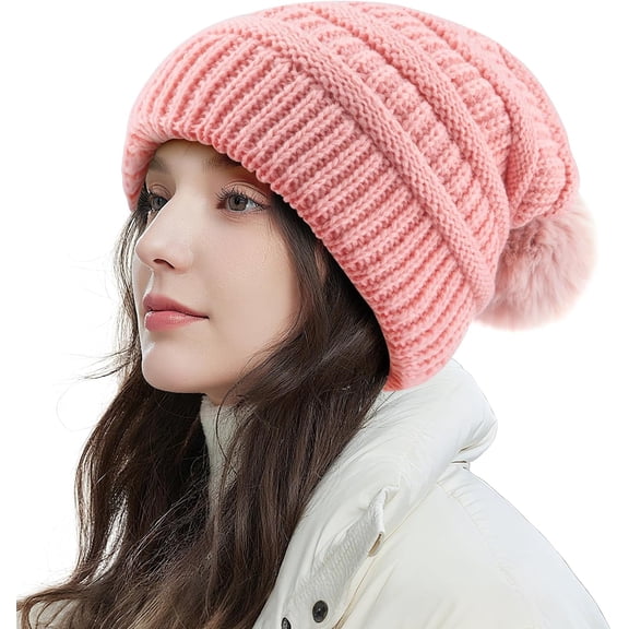 Womens Pompom Beanie Hat Knit Winter Hat with Warm Fleece Lined