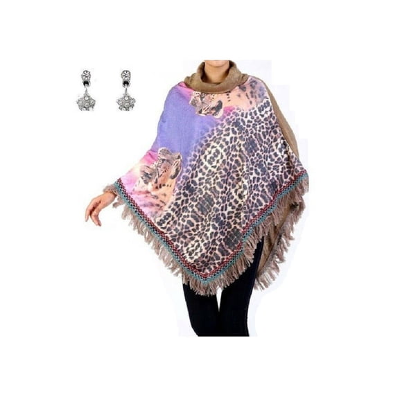 Womens Poncho Fringe Shawl Pullover Wrap Top Paisley Star Leopard Cheetah or Camo + Bling Star Earrings