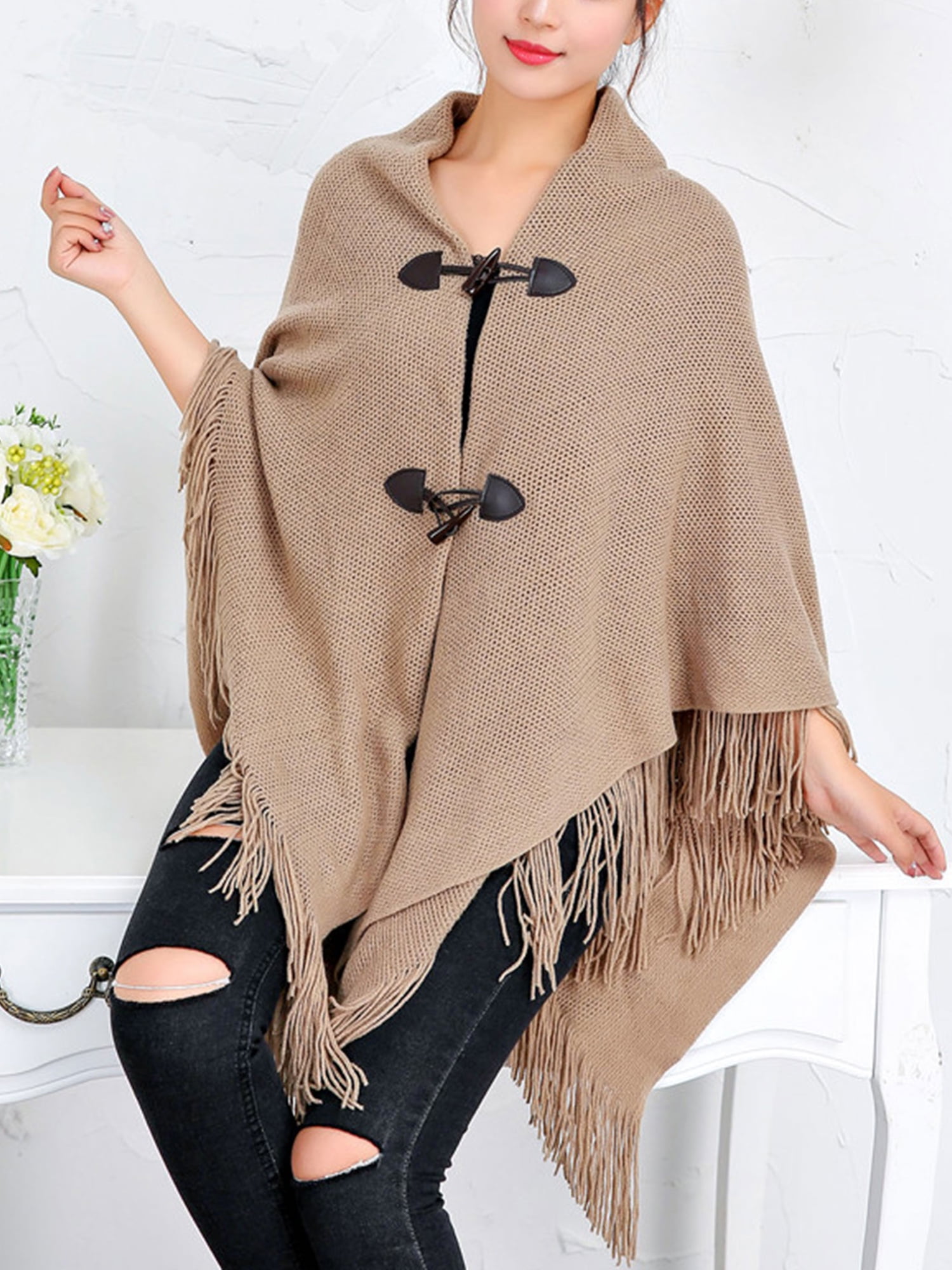 Womens Poncho Knit Poncho Pullover Sweaters Cardigan Shawl Tassel