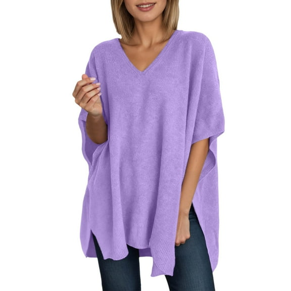 Womens Poncho Sweater V Neck Batwing Sleeve Solid Color Shawl Pullover Size Slits Fall Winter Casual Knit Tops
