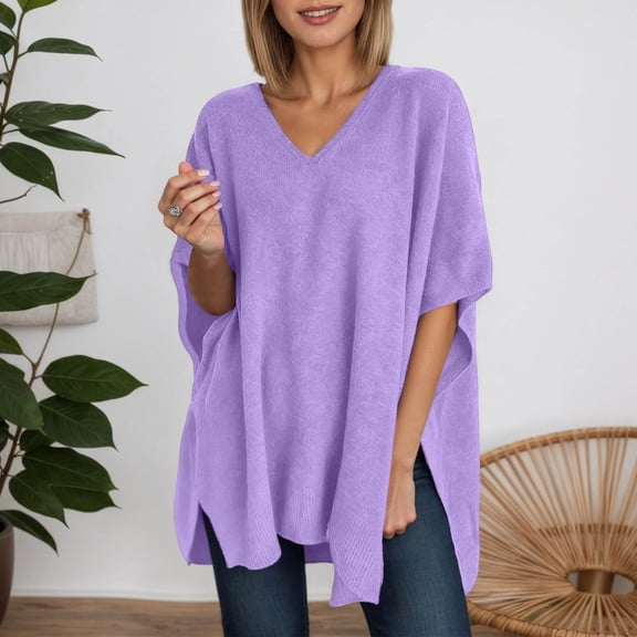 Womens Poncho Sweater V Neck Batwing Sleeveless Shawl Pullover Sweaters (Purple M)