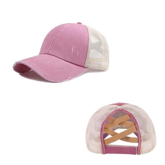 Womens Ponytail Baseball Cap Mesh Washed Vintage Cotton Trucker Dad Hat Adjustable Casual Sun Cap Pink A