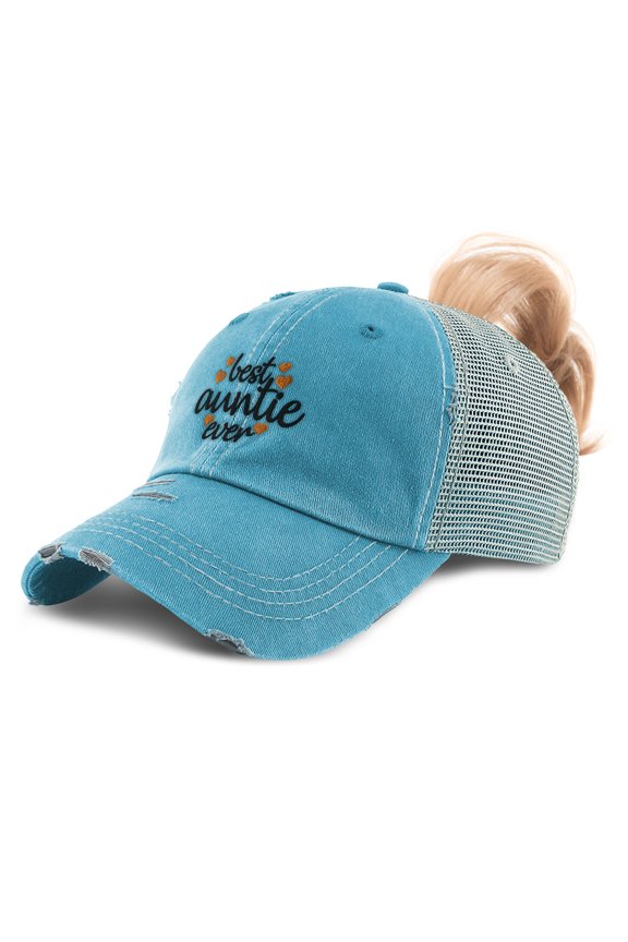Womens Ponytail Cap Best Auntie Ever Orange Embroidery Cotton Messy Bun Distressed Trucker Hats Strap Closure Turquoise Design Only