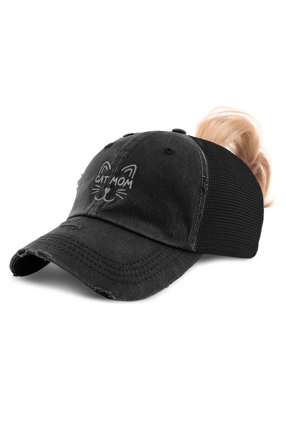 Womens Ponytail Cap Cat Mom Face Silver Embroidery Cotton Messy Bun Distressed Trucker Hats Strap Closure Black Design Only