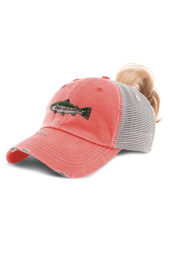 Womens Ponytail Cap Fish Rainbow Trout Embroidery Cotton Messy Bun Distressed Trucker Hats Strap Closure Coral Design Only