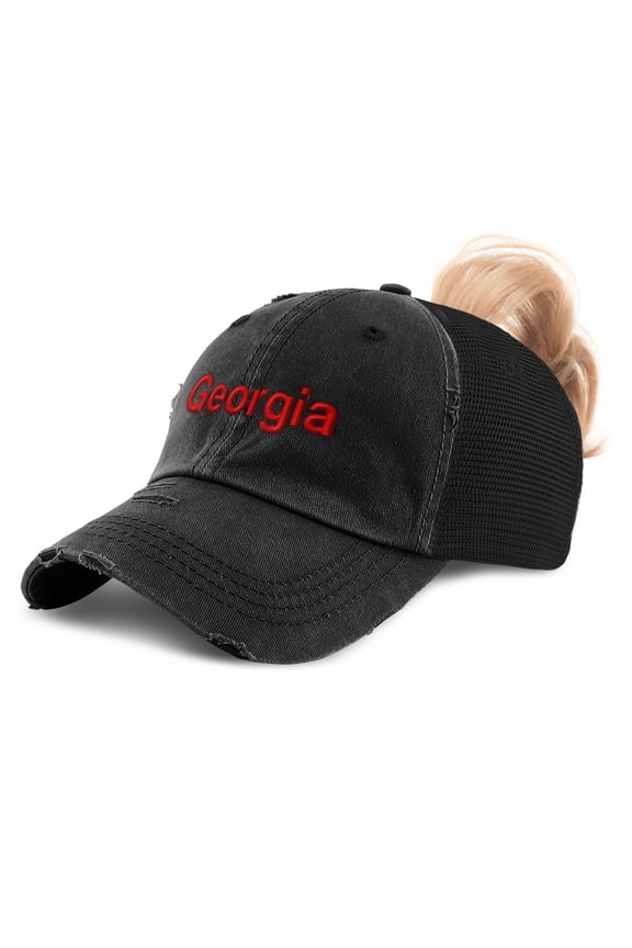 Womens Ponytail Cap Georgia Peach State Proud Cotton Distressed Trucker Hats Black