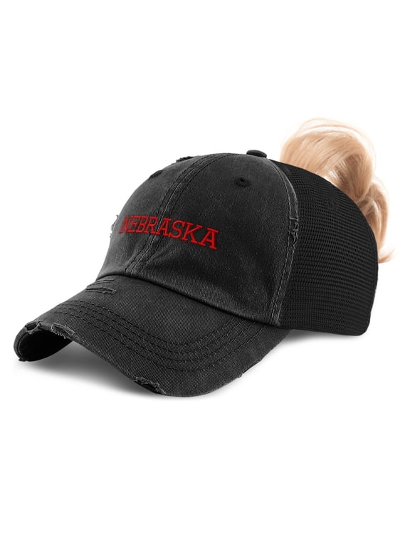Womens Ponytail Cap Nebraska State USA America B Embroidery Cotton Distressed Trucker Hats Strap Closure Black Design Only