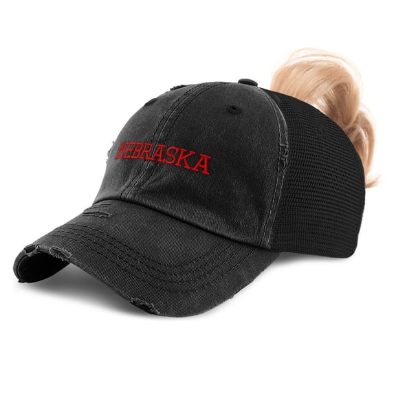 Womens Ponytail Cap Nebraska State USA America B Embroidery Cotton Distressed Trucker Hats Strap Closure Black Design Only