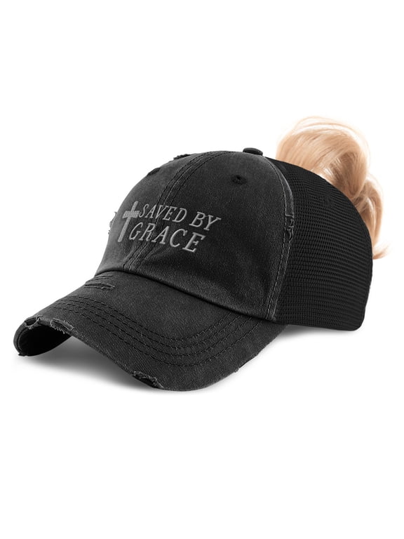 Womens Ponytail Cap Saved by Grace Jesus Christian Embroidery Cotton Distressed Trucker Hats Strap Closure Black Design Only