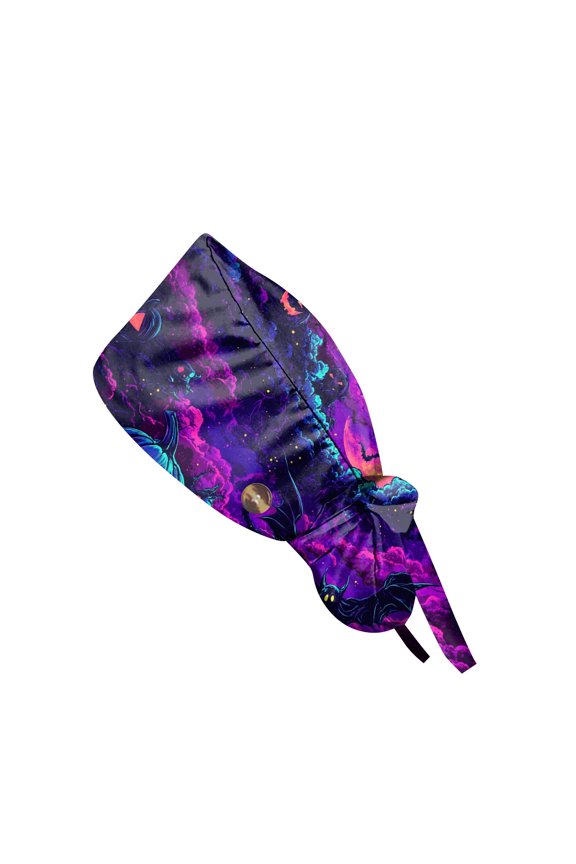 Womens Ponytail Scrub Cap Halloween Print Work Cap Adjustable Bouffant Tie Back Dust Cap Head Cover for Daily Work Use Unisex Surgical Nursing Cap Purple