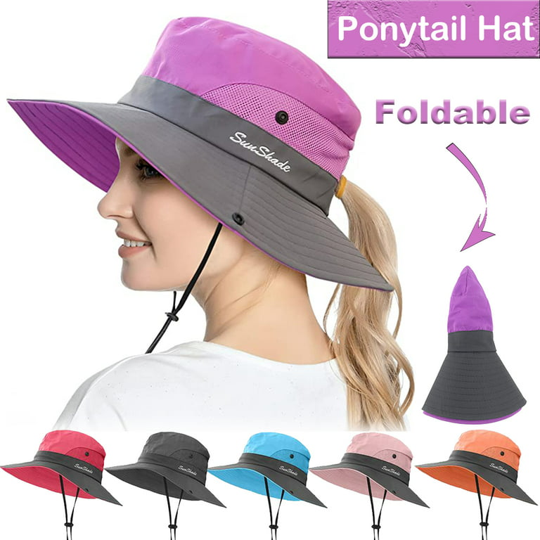 Womens Ponytail Wide Brim Sun Hat Packable UV Protection Beach Cap for  Fishing & Hiking