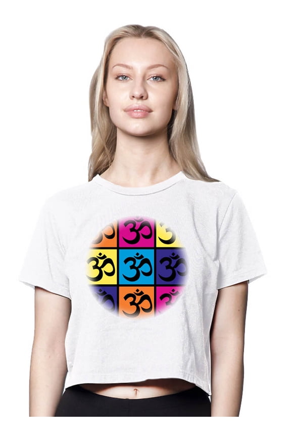 Womens Pop Art OM Symbol American-Made Cute Cropped Yoga Tee Shirt, Large White