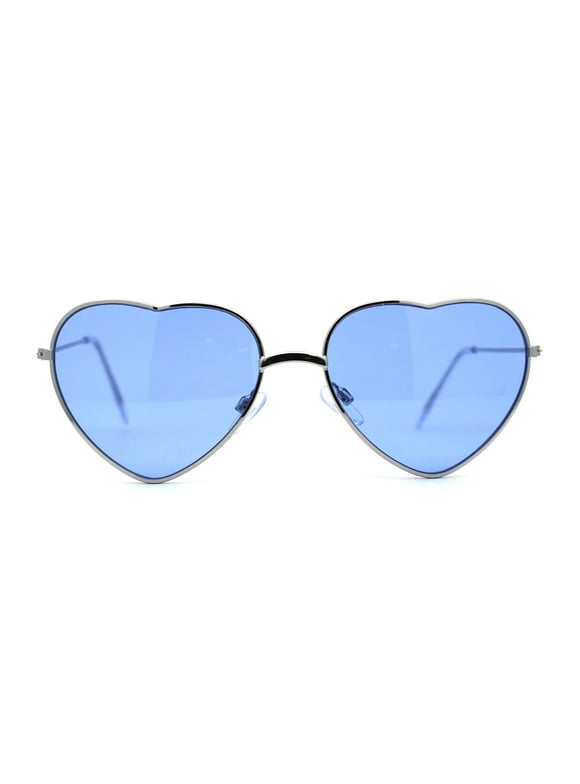 Womens Pop Color Lens Hippie Heart Shape Metal Rim Sunglasses Silver Blue