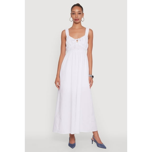 Womens Poplin Sleeveless Scoop Neck Tie Front Maxi Dress