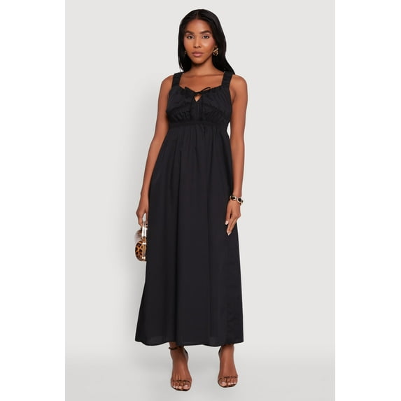 Womens Poplin Sleeveless Scoop Neck Tie Front Maxi Dress