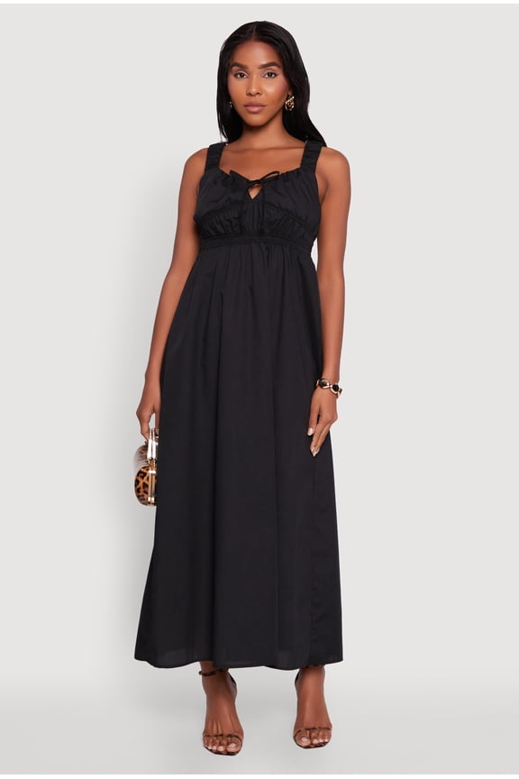 Womens Poplin Sleeveless Scoop Neck Tie Front Maxi Dress