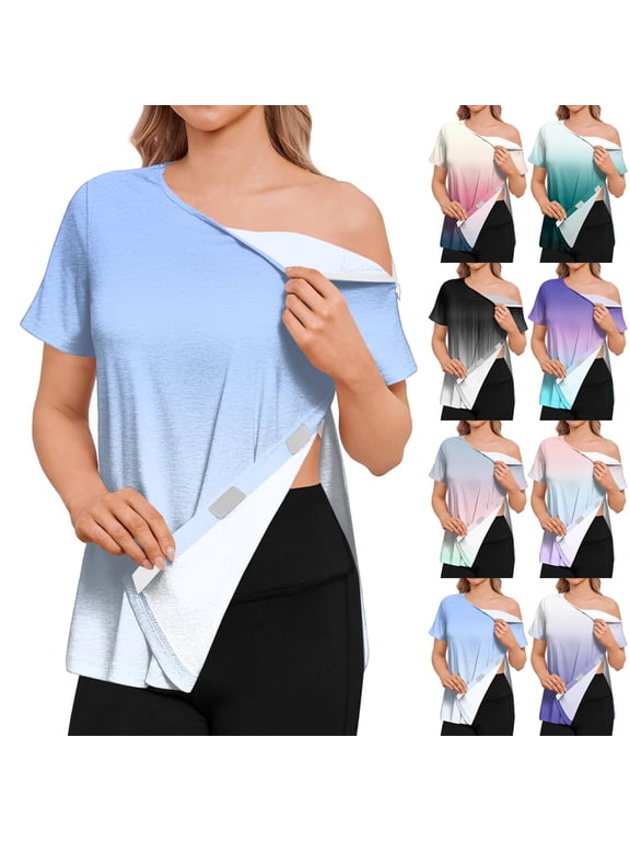 Womens Post Shoulder Surgery Shirts Short Sleeve Side Snap Tear Away Tops Postpartum Recovery Adaptive Clothing,XXL,#01 Blue