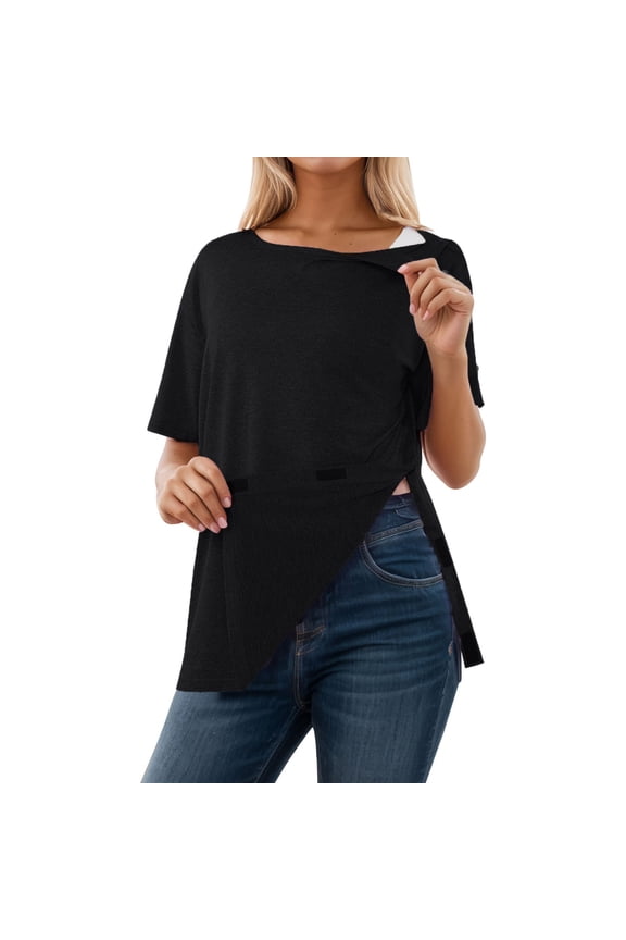 Womens Post Surgery Shirt Tear Away Shoulder Snap Tops Chemotherapy Recovery Medical Sleeve Tee Black