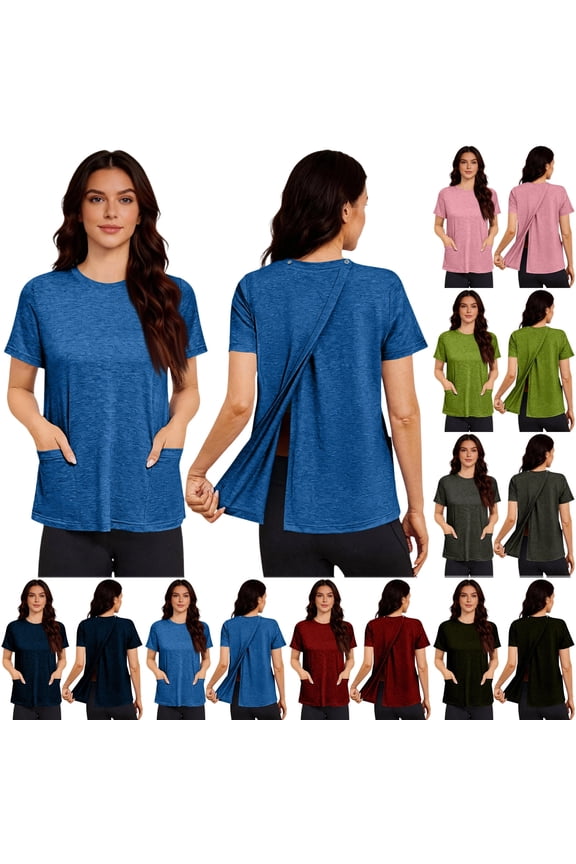 Womens Post Surgery Shirts Short Sleeve Loose Fit Open Back Tops Soft Post Op Recovery Adaptive Clothing,L,#01 Blue
