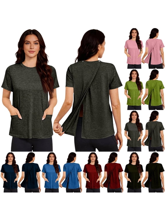 Post Surgery Shirts for Women Tear Away Snap Open Back Top Short Sleeve Adaptive Clothing with Pockets,M,#03 Dark Gray