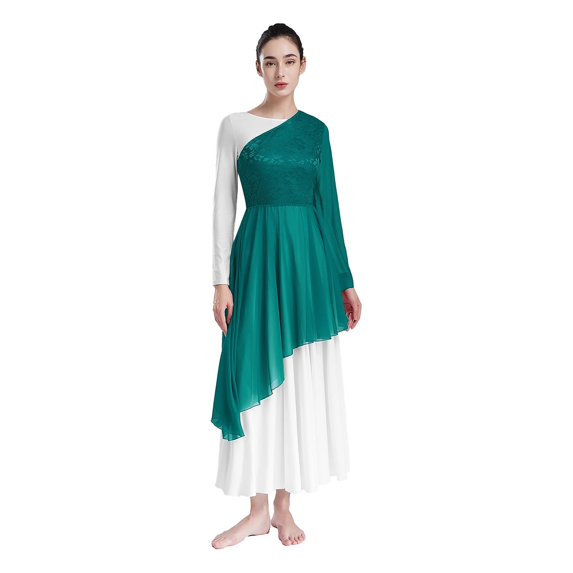 Womens Praise Dance Dress One Shoulder Lace Flared Sleeve Lyrical Church Worship Tunic