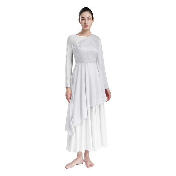 Womens Praise Dance Dress One Shoulder Lace Flared Sleeve Lyrical Church Worship Tunic